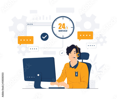 Male customer support, phone operator with headset working in call center concept illustration