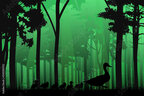 cute duck animal in jungle silhouette
