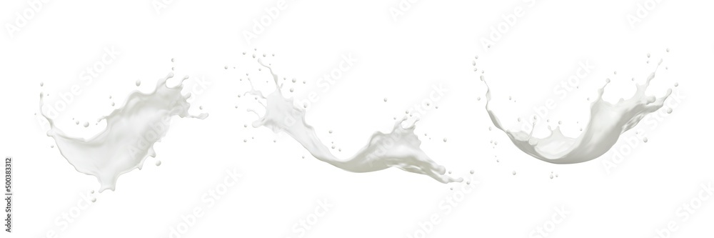 White milk splash swirl set with splatter and drops, vector liquid yogurt or cream drink wave. Milk splash of dairy product, 3D realistic milky flow of creamy pouring isolated on white - obrazy, fototapety, plakaty 