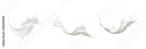 White milk splash swirl set with splatter and drops, vector liquid yogurt or cream drink wave. Milk splash of dairy product, 3D realistic milky flow of creamy pouring isolated on white