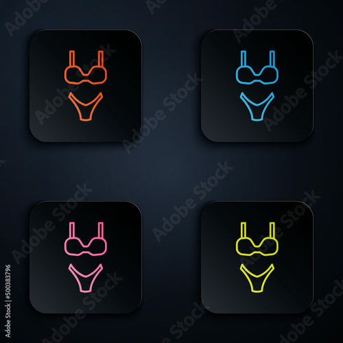 Color neon line Summer beach swimsuit icon isolated on black background. Beach women fashion. Set icons in square buttons. Vector