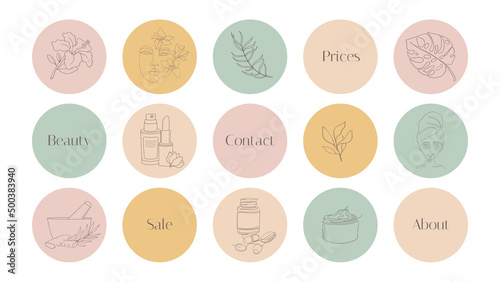 Highlights for blog and social networks about beauty and cosmetics. Icons for Women's online store with creams and beauty products. boho
