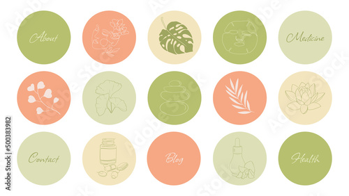 Highlights for a blog and social networks about beauty medicine and women's health. Icons for a page about medicine. boho