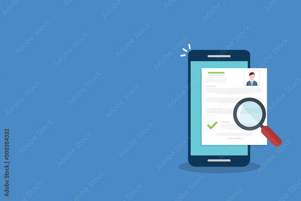 Online resume analysis, use phone and magnifying glass to view recruitment resume, concept of recruitment and human resources Online resume analysis, use phone and magnifying glass to view recruitment resume, concept of recruitment and human resources