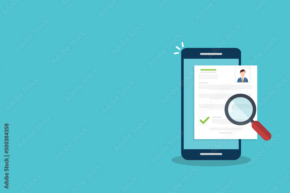 Online resume analysis, use phone and magnifying glass to view recruitment resume, concept of recruitment and human resources Online resume analysis, use phone and magnifying glass to view recruitment resume, concept of recruitment and human resources