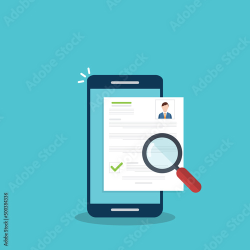 Online resume analysis, use phone and  magnifying glass to view recruitment resume, concept of recruitment and human resources
