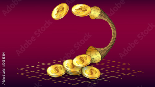 BTC and USD coins transferred through the pipe on red background. Concept of converting Bitcoin to Dollars.