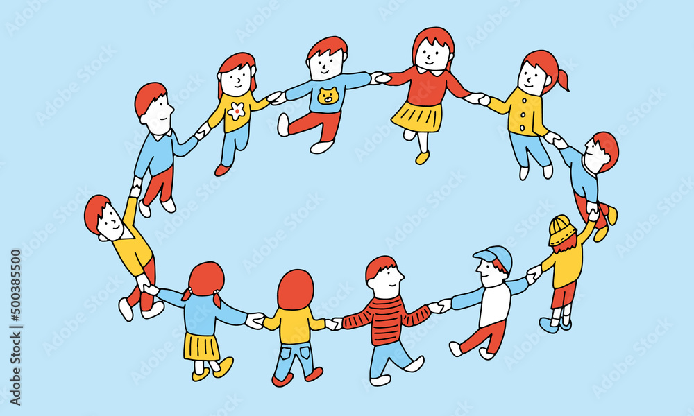 手を繋いで輪になる多様な個性の子供たちのイラスト Stock Vector Adobe Stock
