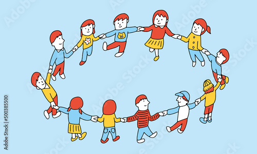 手を繋いで輪になる多様な個性の子供たちのイラスト