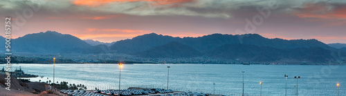 View on the gulf of Aqaba of the Red Sea at dawn, panorama from hills of Eila...