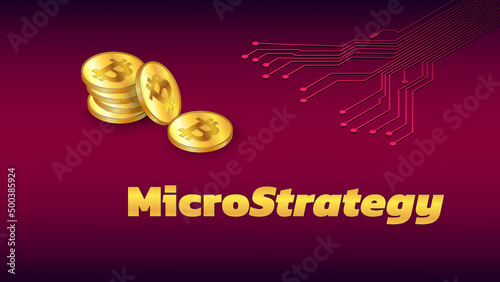 Banner MicroStrategy Incorporated with stack of isometric golden coins BTC and PCB tracks on dark red background. Company buys bitcoins and other digital coins and pushes market up.