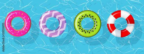 Swim rings set for summer party. Inflatable rubber toy colorful collection. Top view swimming circle for ocean, sea, pool. Lifebyou swimming rings. Summer vacation or trip safety. Kiwi