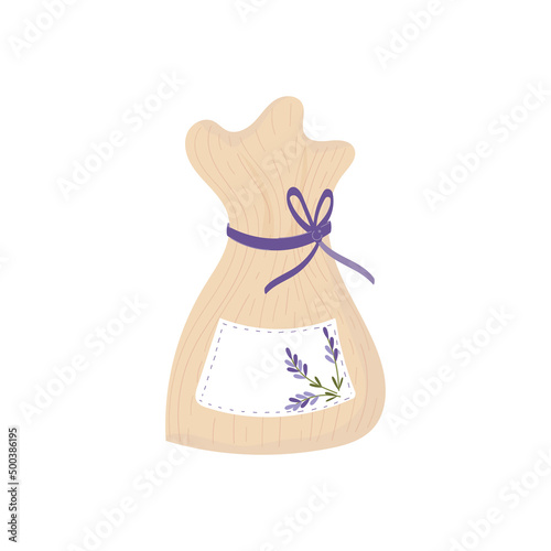 Bag of lavender isolated on white background. Sachet with dried flowers for aromatization of rooms, cabinets, craft cosmetics. Vector illustration, hand drawn