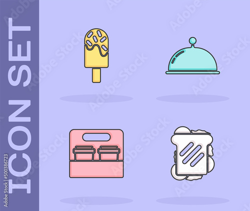 Set Sandwich, Ice cream, Coffee cup to go and Covered with tray icon. Vector