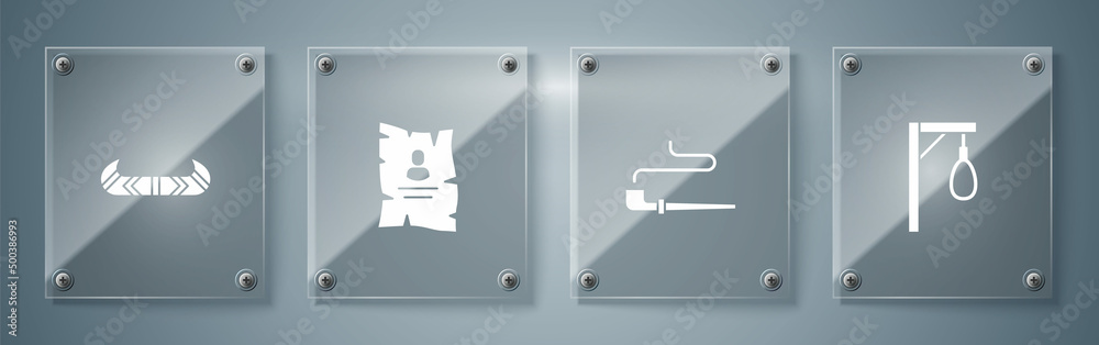 Set Gallows, Smoking pipe, Wanted western poster and Kayak or canoe and paddle. Square glass panels. Vector Set Gallows, Smoking pipe, Wanted western poster and Kayak or canoe and paddle. Square glass panels. Vector