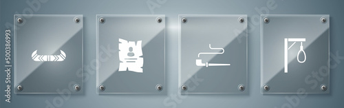 Set Gallows, Smoking pipe, Wanted western poster and Kayak or canoe and paddle. Square glass panels. Vector