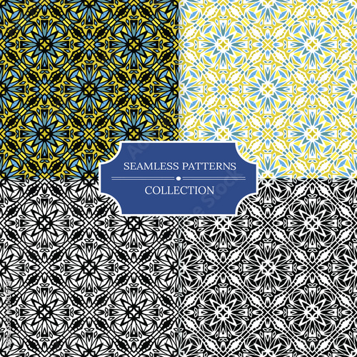 Collection of seamless patterns with Decor tile, mosaic oriental ornament. Set of vector illustrations for designing posters, cards, prints, stickers, fabric, textile, gift paper, scrapbooking.