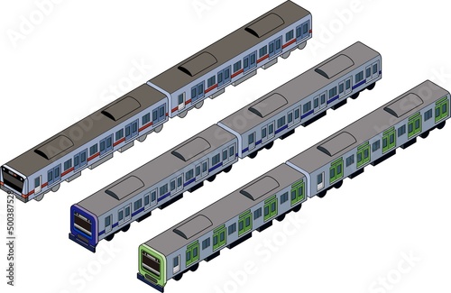 オレンジ、黄緑、青の電車の立体的なアイソメトリックスタイルの電車のイラスト.