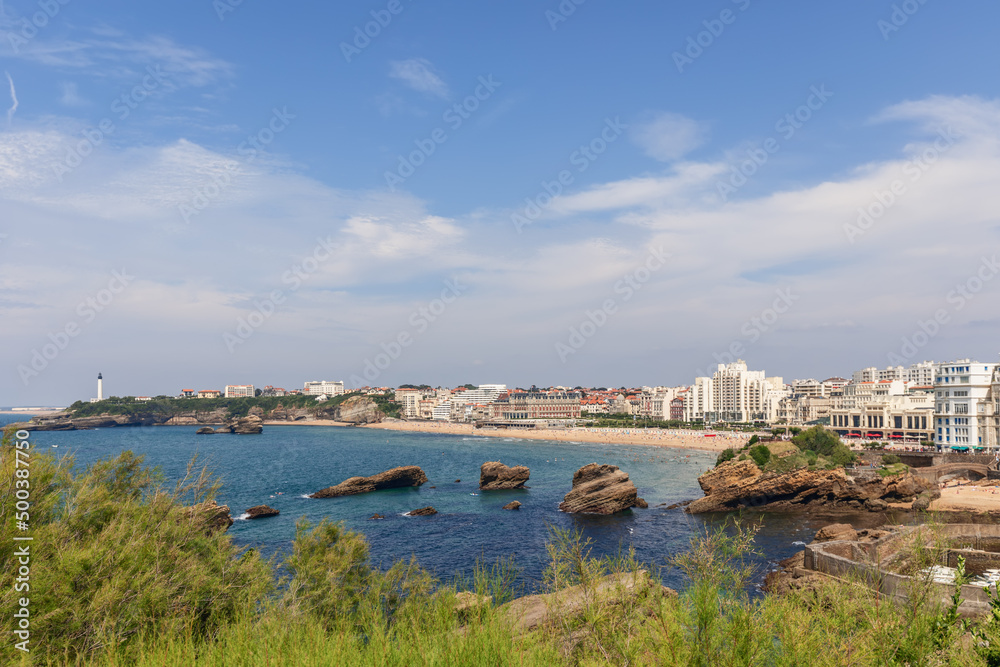 View from cliffs Rocher de la Vierge to Gamaritz cliffs and Biarritz city coastline. Pyrenees-Atlantiques, French Basque Country