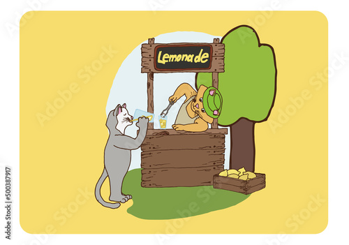 Illustration of a stand with lemonade and cats. Lemonade stand, lemon crate, ice, buyer, summer time, ready to use, eps. For your design