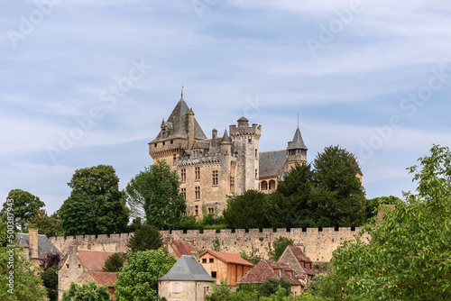 Castle Chateau de Montfort is imposing monument, combines elements of medieval and renaissance style architecture. Vitrac commune, Dordogne departement, Nouvelle-Aquitaine, France