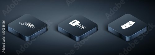 Set Isometric Car muffler, Broken windshield and key with remote icon. Vector