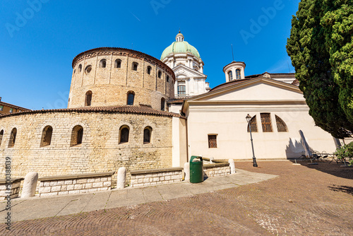 Brescia downtown. Old and new Cathedral of Santa Maria Assunta (Duomo Vecchio and Duomo Nuovo) in Romanesque and late Baroque style, Cathedral square or Paolo VI square. Lombardy, Italy, Europe.