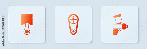 Set Timing belt kit, Engine piston and Paint spray gun. White square button. Vector