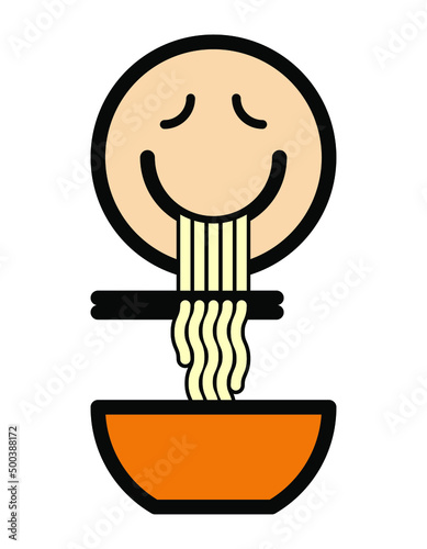 Man eating ramen noodle with chopsticks sign