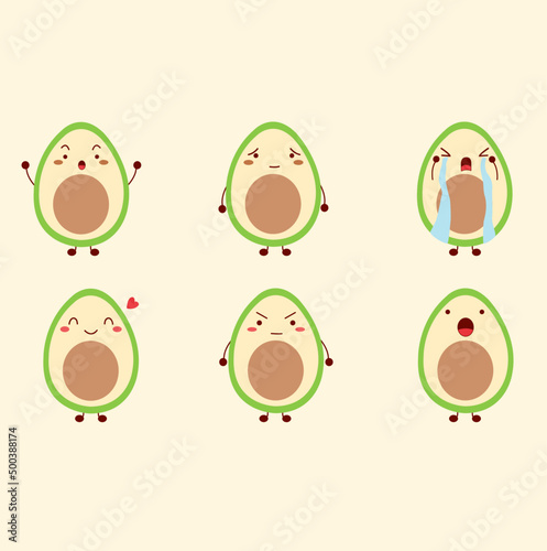 Avocado character. Many emotions cartoon. Martial, dismal, cry, smile, happy, angry and surprised.