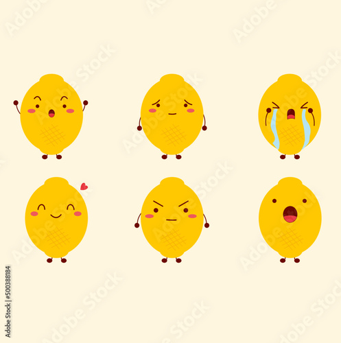 Lemon character. Many emotions cartoon. Martial, dismal, cry, smile, happy, angry and surprised