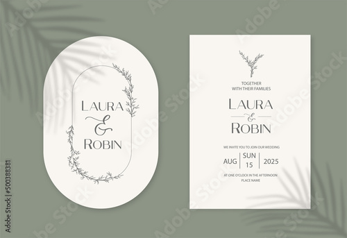 Vintage wedding invitation card set template with leaves and twigs. Oval and arch elegant shape