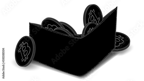 Isometric silhouette of leather wallet full of Bitcoin BTC coins isolated on white.