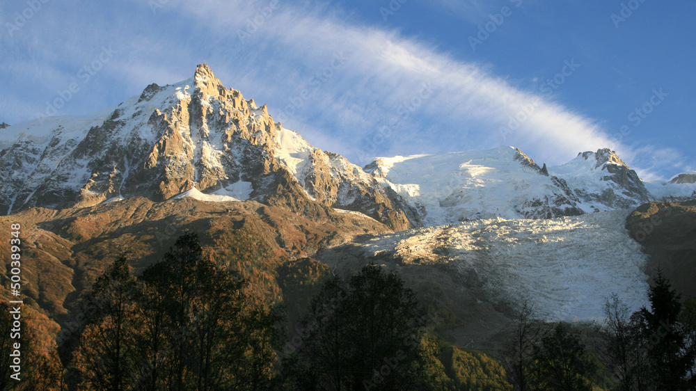 Aiguille du Midi and glacier of Bossons at dusk, Chamonix, France