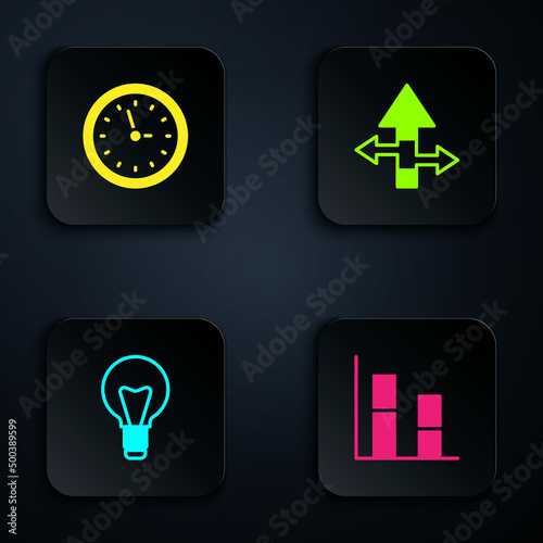 Set Graph, chart, diagram, Clock, Light bulb and Arrow. Black square button. Vector © Oksana