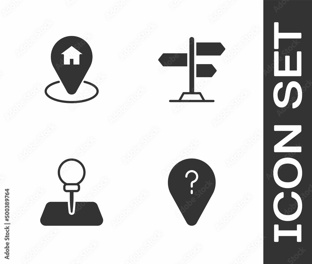 Set Unknown route point, Location with house, Push pin and Road traffic sign icon. Vector Set Unknown route point, Location with house, Push pin and Road traffic sign icon. Vector