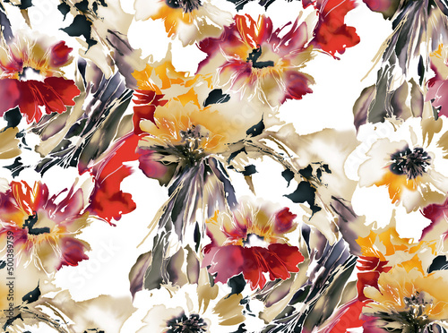 Fototapeta Naklejka Na Ścianę i Meble -  Seamless watercolor effect flowers pattern, floral illustration. Fabric texture design.