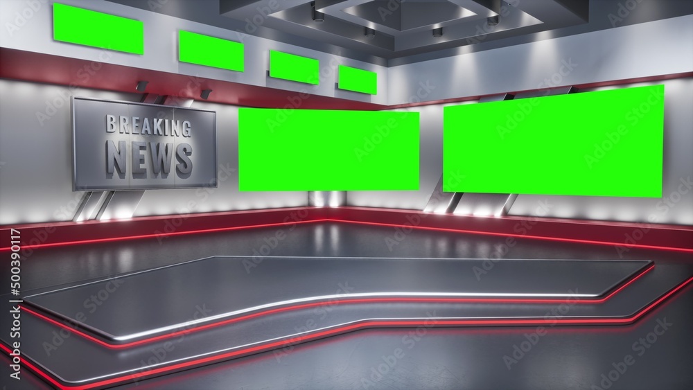 Tv Studio. Studio. News studio. Newsroom Background for News Broadcasts. Blurred of studio at TV station. News channel design. Control room. 3D rendering. Green screen Tv Studio. Studio. News studio. Newsroom Background for News Broadcasts. Blurred of studio at TV station. News channel design. Control room. 3D rendering. Green screen