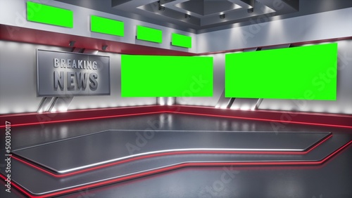 Tv Studio. Studio. News studio. Newsroom Background for News Broadcasts. Blurred of studio at TV station. News channel design. Control room. 3D rendering. Green screen