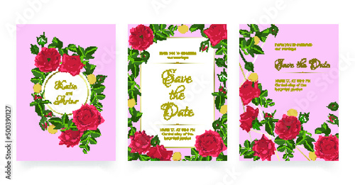 Wedding Card. Engagement Invitation with Watercolor Rose. Spring Leaf Bouquet...