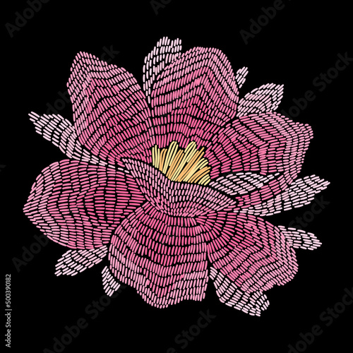 Embroidery lake lotus flower constructor. Vector handmade floral ornament on dark background. Embroidery for fashion products. Elegant tiled design, best for print fabric or papper and more