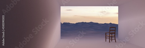 3D digital render of a room and a chair overlooking a barren landscape