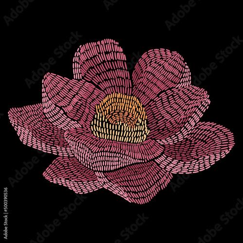 Embroidery lake lotus flower constructor. Vector handmade floral ornament on dark background. Embroidery for fashion products. Elegant tiled design, best for print fabric or papper and more