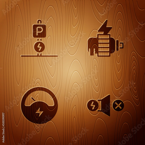 Set Electric motor, Charging parking electric car, Voltmeter and on wooden background. Vector