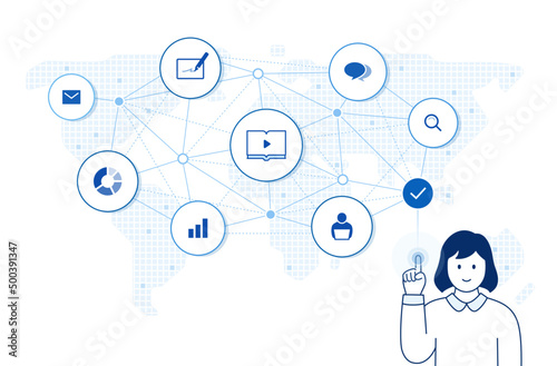 digital education illustration: online education platform, e learning technology, person touching virtual screen. editable vector illustration