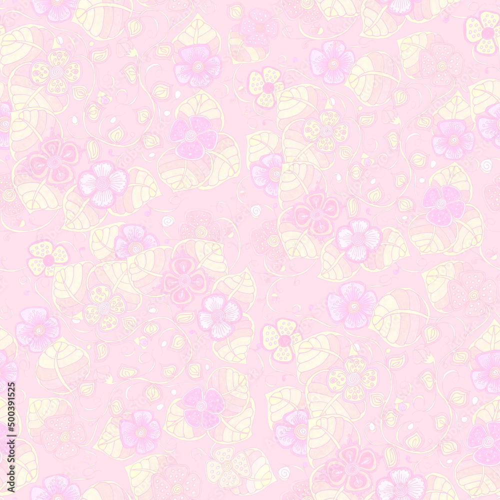 Melange from flowers and leaves. Delicate floral seamless background. Pink colors.