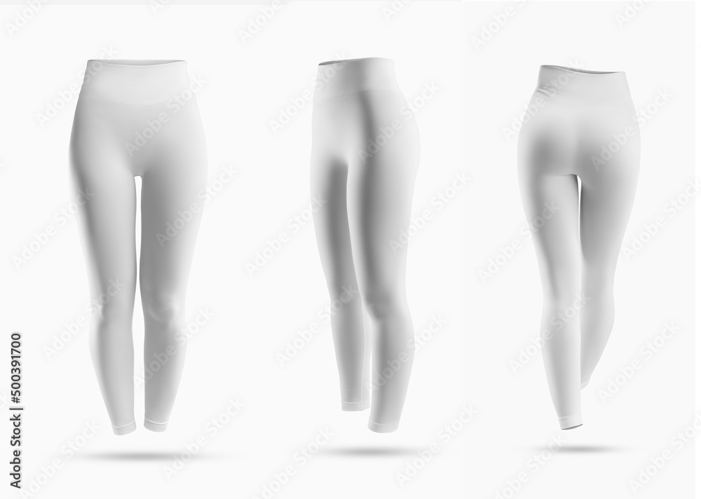 Set white women's compression leggings mockup, 3D rendering, isolated on background. Set white women's compression leggings mockup, 3D rendering, isolated on background.