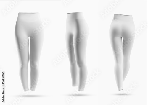Set white women's compression leggings mockup, 3D rendering, isolated on background.