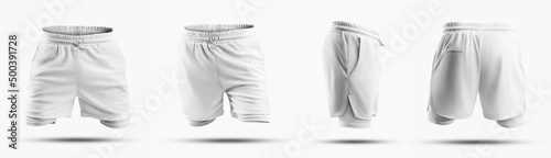 Set mockup of white loose shorts with underpants compression line, tie waist, sportswear, 3D rendering, isolated on background. photo