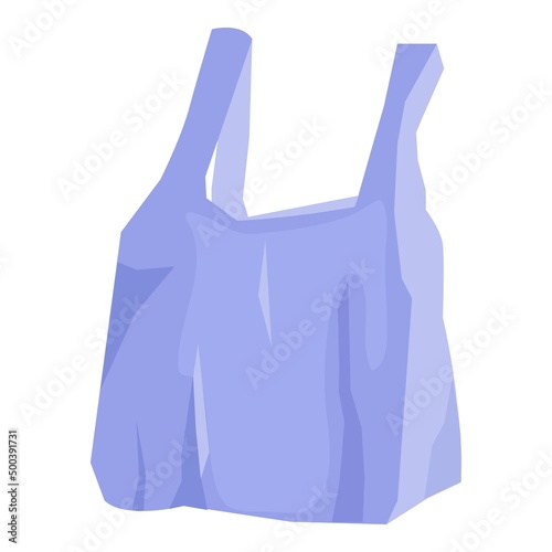 Purple plastic shopping bag. Empty disposable package for supermarket and garbage. Used and new polythene pack, packet for purchases. Realistic flat cartoon vector illustrations isolated on background